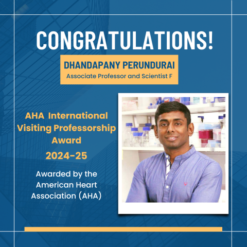 A placard congratulating Dr Dhandapany Perundurai on receiving the AHA International Visiting Professorship Award 2024-25